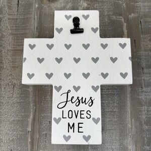 Jesus Loves Me White‎ Cross With Gray Hearts Picture Note Holder Home Decor Gift